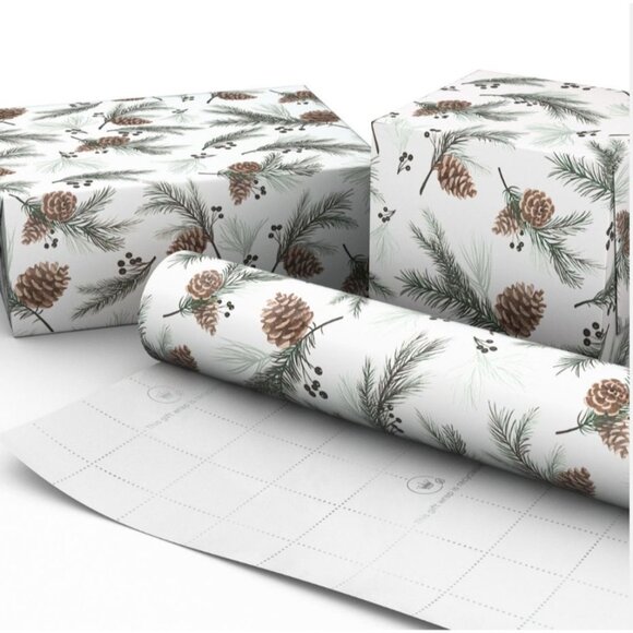 Hallmark Wrapping Paper Christmas Pinecones on White 22.5 sq ft Roll Holiday Gif - Picture 3 of 6